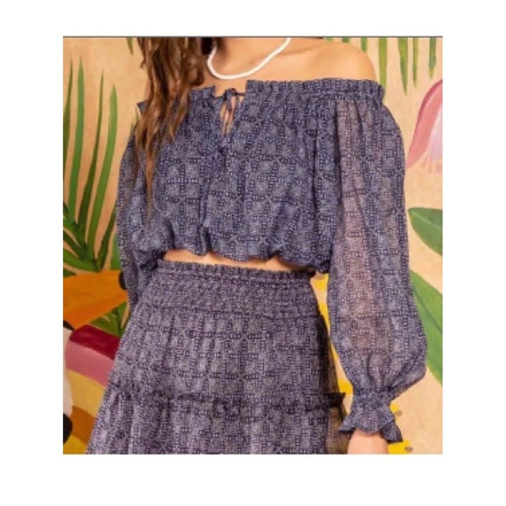 NWT blu pepper Navy Printed Off-The-Shoulder Crop Top S Boho Coastal Festival
